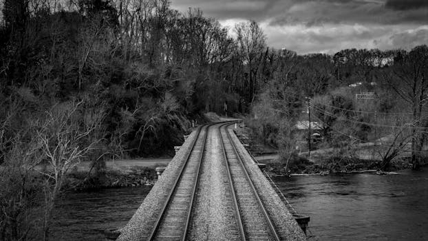 Telluride, Colorado Travel Guide + Packing Tips A tranquil black and white view of a railway bridge in Asheville, NC, surrounded by nature.